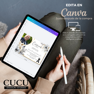 Plantilla Canva mostrada en tablet para editar invitación de funeral en español, acceso inmediato después de la compra, compatible con celular, computadora y tablet / Canva funeral invitation template shown on tablet, edit instantly after purchase, Spanish design, works on phone, computer and tablet, quick and easy customization