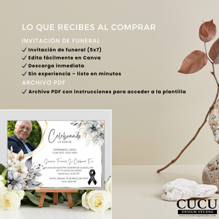 Lo que recibes: invitación funeral 5x7 editable en Canva en español con descarga digital y archivo PDF con instrucciones, diseño floral elegante listo para usar / What you receive: Spanish funeral invitation 5x7 Canva template, digital download with PDF instructions, elegant floral design ready to edit and print or share digitally