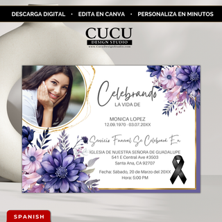 Invitación de funeral elegante con flores moradas y foto personalizada, diseño moderno con detalles dorados, plantilla editable en Canva, descarga digital inmediata, tarjeta memorial en español / Elegant funeral invitation with purple flowers and custom photo, modern design with gold accents, editable Canva template, instant digital download, Spanish memorial card
