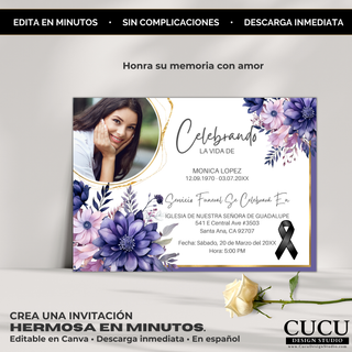 Invitación de funeral con flores lilas y diseño delicado, foto personalizada, estilo elegante y femenino, plantilla Canva editable, ideal para servicios funerarios o celebración de vida / Funeral invitation with lilac flowers and delicate design, custom photo, elegant feminine style, editable Canva template, ideal for memorial or celebration of life