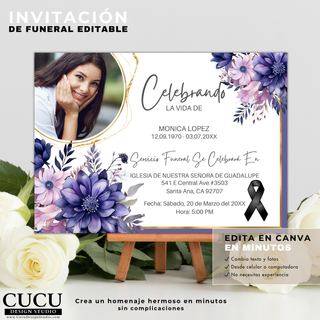 invitación de funeral editable en Canva con flores moradas, marco circular para foto, diseño limpio y moderno, tarjeta digital descargable en español para homenaje memorial / Editable funeral invitation Canva template with purple flowers, circular photo frame, clean modern layout, downloadable Spanish memorial card