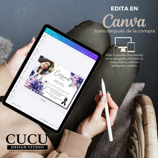 Plantilla de invitación funeral en Canva mostrada en tablet, fácil de editar desde celular o computadora, acceso inmediato después de la compra, diseño floral elegante en tonos morados / Funeral invitation Canva template shown on tablet, easy to edit on phone or computer, instant access after purchase, elegant purple floral design