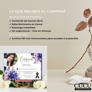 Detalles del producto de invitación funeral digital, incluye archivo PDF con instrucciones, editable en Canva, descarga inmediata, sin necesidad de experiencia, plantilla en español / Funeral digital invitation product details, includes PDF instructions, editable in Canva, instant download, no experience needed, Spanish template