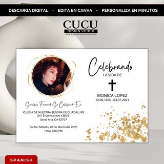 Invitación de funeral elegante en español editable en Canva con diseño minimalista, fondo blanco y detalles dorados, incluye foto circular, cruz y texto “Celebrando la vida de”, perfecta para crear un homenaje sofisticado en minutos / Elegant Spanish funeral invitation editable in Canva featuring a minimal white background with gold accents, circular photo frame, cross symbol and “Celebrating the life of” text, perfect for creating a refined memorial quickly