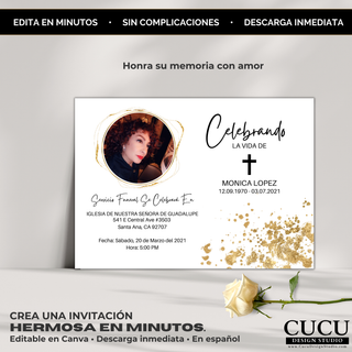 Invitación de funeral editable en Canva con mensaje emocional “Crea una invitación hermosa en minutos”, diseño minimalista con detalles dorados y foto personalizada, descarga digital inmediata fácil de usar / Editable Canva funeral invitation with emotional message “Create a beautiful invitation in minutes”, minimal design with gold details and custom photo, instant digital download easy to use