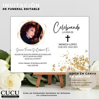 Plantilla de invitación de funeral con estilo moderno y elegante, colores neutros y dorado, lista para personalizar en Canva, ideal para servicios memoriales, incluye diseño limpio y profesional para familias hispanas / Modern elegant funeral invitation template with neutral tones and gold accents, ready to edit in Canva, ideal for memorial services, clean professional layout designed for Spanish or bilingual families