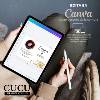 Plantilla editable en Canva mostrada en tablet, fácil de personalizar desde celular o computadora, invitación de funeral elegante con detalles dorados y diseño moderno, acceso inmediato tras la compra / Editable Canva template displayed on tablet, easy to customize from phone or computer, elegant funeral invitation with gold details and modern layout, instant access after purchase