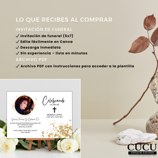 Lo que recibes al comprar plantilla de invitación de funeral digital, archivo PDF con acceso a Canva, edición fácil, descarga inmediata, diseño elegante listo para personalizar en minutos / What you receive with digital funeral invitation template, PDF file with Canva access, easy editing, instant download, elegant design ready to customize in minutes