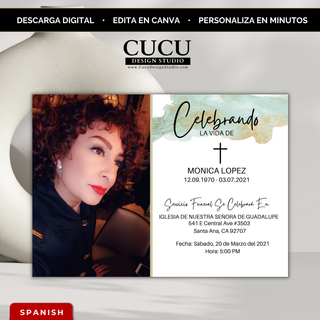 Invitación de funeral elegante en español con diseño moderno, foto personalizable y acentos dorados, editable en Canva para crear homenaje en minutos / Elegant Spanish funeral invitation with modern design, customizable photo and gold accents, editable in Canva for quick memorial creation