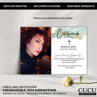 Tarjeta memorial con estilo minimalista y tonos suaves, ideal para honrar la vida de un ser querido con diseño limpio y profesional editable / Minimalist memorial card with soft tones, perfect to honor a loved one with a clean and professional editable design