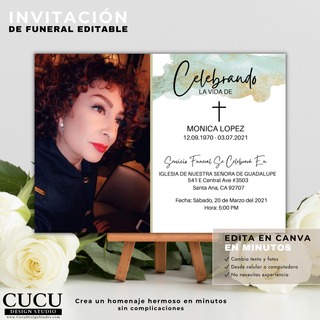 Invitación de funeral editable mostrando detalles del servicio, iglesia, fecha y hora con tipografía elegante y fácil de leer / Editable funeral invitation showing service details, church, date and time with elegant and easy-to-read typography