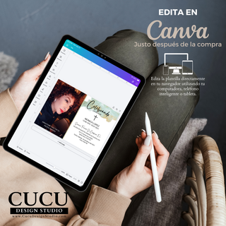 Plantilla de Canva vista en tablet demostrando lo fácil que es editar desde celular o computadora sin experiencia previa / Canva template displayed on tablet showing how easy it is to edit from phone or computer without prior experience