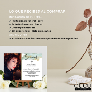 Invitación de funeral editable mostrando detalles del servicio, iglesia, fecha y hora con tipografía elegante y fácil de leer / Editable funeral invitation showing service details, church, date and time with elegant and easy-to-read typography