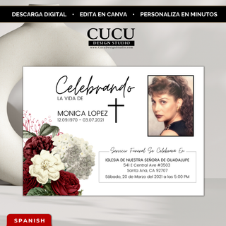 Invitación de funeral en español con diseño elegante y minimalista, flores rojas y blancas, cruz central y foto personalizable, plantilla editable en Canva con descarga digital instantánea ideal para crear un homenaje con amor y respeto / Spanish funeral invitation with elegant minimalist design, red and white floral arrangement, central cross and customizable photo, editable Canva template with instant download perfect for creating a meaningful tribute