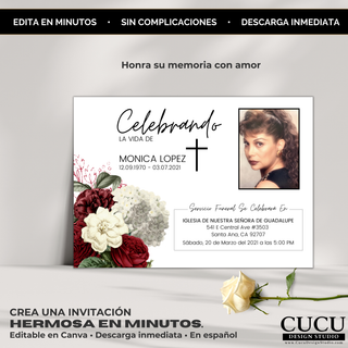 Tarjeta de funeral presentada sobre fondo elegante con rosa blanca, diseño floral sofisticado en tonos rojo y crema, texto editable y foto personalizable en Canva, ideal para honrar la memoria de un ser querido fácilmente / Funeral card displayed on elegant background with white rose, sophisticated floral design in red and cream tones, editable text and customizable photo in Canva, ideal for honoring a loved one easily