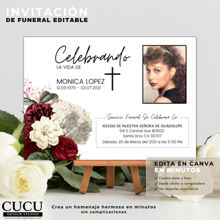 Invitación de funeral editable en Canva mostrada sobre base con flores blancas, diseño limpio y profesional con detalles florales rojos, perfecta para crear un homenaje personalizado en minutos sin experiencia / Editable funeral invitation in Canva displayed on stand with white flowers, clean and professional design with red floral details, perfect for creating a personalized tribute in minutes with no experience