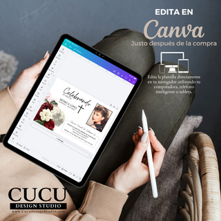 Plantilla de invitación funeral editable en Canva vista en tablet, fácil de usar desde celular o computadora, diseño floral elegante con foto personalizable y texto editable, descarga inmediata después de la compra / Editable funeral invitation template shown on tablet, easy to use on phone or computer, elegant floral design with customizable photo and editable text, instant download after purchase