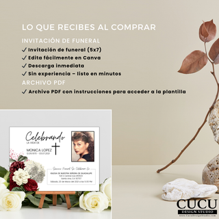 Detalle de lo que incluye la compra de plantilla funeral en Canva, invitación tamaño 5x7, descarga digital inmediata y archivo PDF con instrucciones, diseño elegante listo para editar y personalizar / Details of what is included in Canva funeral template purchase, 5x7 invitation, instant digital download and PDF instructions file, elegant design ready to edit and customize