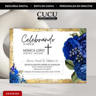Invitación de funeral editable en Canva en español con diseño elegante en azul y dorado, flores azules intensas con detalles dorados, cruz central y tipografía moderna, plantilla digital con descarga inmediata ideal para honrar la memoria de un ser querido con estilo y respeto / Spanish editable funeral invitation Canva template with elegant blue and gold design, deep blue flowers with gold accents, central cross and modern typography, instant download digital template ideal for honoring a loved one with el