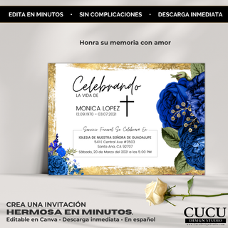Tarjeta de funeral elegante en tonos azul y dorado presentada en fondo minimalista con rosa blanca, diseño floral sofisticado con cruz y texto en español, plantilla editable en Canva fácil de usar, descarga digital inmediata perfecta para crear un homenaje hermoso en minutos / Elegant funeral card in blue and gold tones displayed on minimal background with white rose, sophisticated floral design with cross and Spanish text, editable Canva template easy to use with instant digital download perfect for creati