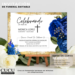 Invitación de funeral editable en Canva mostrada en caballete con flores blancas, diseño azul y dorado elegante con detalles florales y cruz, incluye texto informativo sobre edición fácil, descarga inmediata y personalización sin experiencia / Editable funeral invitation Canva template displayed on stand with white flowers, elegant blue and gold floral design with cross, includes easy editing, instant download and no experience needed customization details