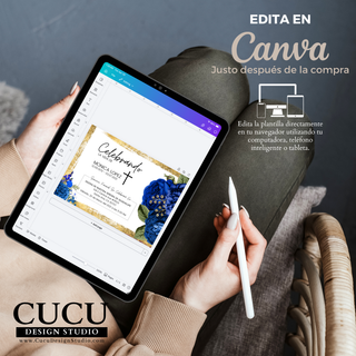 Plantilla de invitación de funeral editable en Canva mostrada en tablet, diseño azul y dorado con flores elegantes y cruz, fácil de editar desde celular o computadora, descarga inmediata ideal para personalizar invitaciones de memorial rápidamente / Editable funeral invitation Canva template shown on tablet, blue and gold elegant floral design with cross, easy to edit on phone or computer, instant download ideal for quickly customizing memorial invitations