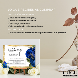 Contenido del producto digital de invitación de funeral editable en Canva, incluye tamaño 5x7, edición fácil, descarga inmediata y archivo PDF con instrucciones, diseño elegante azul y dorado ideal para crear homenaje personalizado / Digital funeral invitation Canva template product contents including 5x7 size, easy editing, instant download and PDF instructions, elegant blue and gold design ideal for creating a personalized tribute