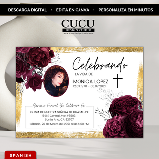 Invitación de funeral editable en Canva con flores borgoña y detalles dorados, diseño elegante con foto y cruz, plantilla en español descarga digital / Editable funeral invitation Canva template with burgundy flowers and gold accents, elegant memorial card with photo and cross, instant download Spanish template