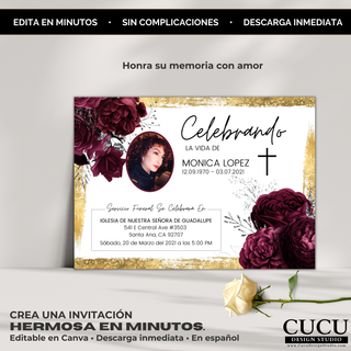 Invitación memorial elegante con flores borgoña y marco dorado, diseño en español listo para editar en Canva, homenaje con amor fácil y rápido / Elegant memorial invitation with burgundy florals and gold frame, Spanish Canva template easy to edit, create a heartfelt tribute in minutes