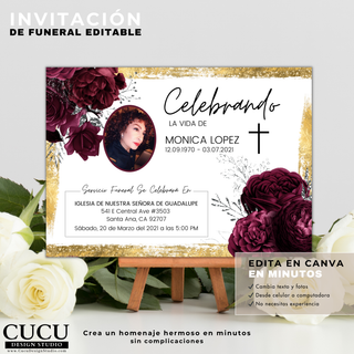Plantilla de invitación de funeral en español editable en Canva, diseño floral elegante con rosas borgoña y detalles dorados, descarga inmediata / Spanish funeral invitation Canva template editable, elegant floral design with burgundy roses and gold accents, instant digital download