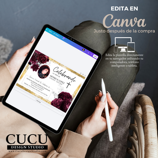 Plantilla de invitación funeral editándose en Canva desde tablet, fácil de personalizar con foto y texto, acceso inmediato después de compra / Funeral invitation template being edited in Canva on tablet, easy to customize with photo and text, instant access after purchase