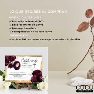 Invitación de funeral 5x7 editable en Canva, descarga digital con instrucciones en PDF, plantilla fácil de usar sin experiencia / 5x7 funeral invitation Canva template, instant download with PDF instructions, easy to edit no experience needed