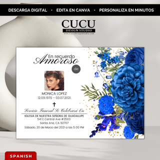 Invitación de funeral editable en Canva con flores azules elegantes, diseño memorial en español con foto, cruz y detalles dorados, plantilla digital descarga inmediata / Editable funeral invitation Canva template with elegant blue flowers, Spanish memorial design with photo, cross and gold accents, instant download