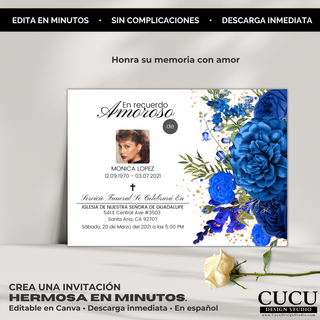 Invitación memorial elegante con flores azules y dorado, tarjeta de funeral en español lista para personalizar, diseño sobre fondo minimalista con rosa blanca / Elegant memorial invitation with blue flowers and gold accents, Spanish funeral card ready to edit, styled on minimal background with white rose