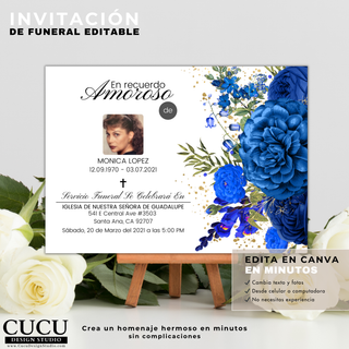 Tarjeta de funeral editable en Canva con flores azules sobre caballete, diseño elegante con foto y detalles dorados, ideal para servicios religiosos / Editable funeral card Canva template with blue flowers on stand, elegant design with photo and gold accents, perfect for memorial services