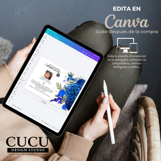 Plantilla de invitación de funeral editándose en Canva desde tablet, diseño con flores azules, fácil de personalizar en minutos, descarga inmediata / Funeral invitation template being edited in Canva on tablet, blue floral design, easy to customize in minutes, instant download