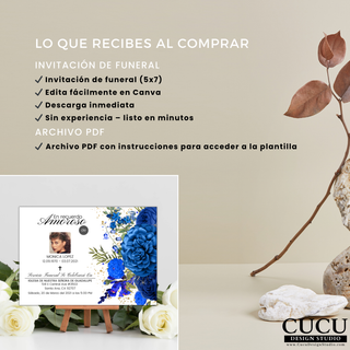 Plantilla funeral Canva incluye invitación 5x7 editable, descarga digital, archivo PDF con instrucciones, fácil de usar sin experiencia / Canva funeral template includes 5x7 editable invitation, digital download, PDF instructions, beginner friendly no experience needed