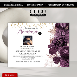 Plantilla de invitación de funeral editable en Canva en español con flores moradas elegantes, detalles dorados y espacio para foto personalizada, diseño moderno para homenaje memorial / Editable Spanish funeral invitation Canva template with elegant purple flowers, gold accents and photo space, modern memorial design
