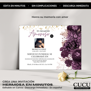 Invitación de funeral elegante con flores moradas, mensaje honra su memoria con amor, diseño limpio editable en Canva, descarga digital inmediata / Elegant funeral invitation with purple floral design, honoring memory message, clean Canva editable template with instant download