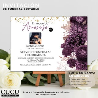 Plantilla de invitación de funeral en español con flores moradas, presentación en caballete con rosas blancas, diseño sofisticado editable en Canva / Spanish funeral invitation template with purple flowers displayed on stand with white roses, elegant Canva editable design