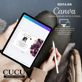 Edición de plantilla de funeral en Canva desde tablet, personalización fácil de texto y fotos, acceso inmediato después de la compra / Editing funeral template in Canva on tablet, easy text and photo customization, instant access after purchase