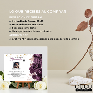 Detalles del producto plantilla funeral incluye invitación editable, descarga inmediata y archivo PDF con instrucciones, diseño profesional / Product details funeral template includes editable invitation, instant download and PDF instructions, professional design