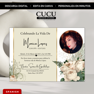 Invitación de funeral en español editable en Canva con diseño beige elegante y flores suaves, incluye foto personalizable y detalles del servicio / Spanish editable funeral invitation Canva template with elegant beige floral design, customizable photo and service details