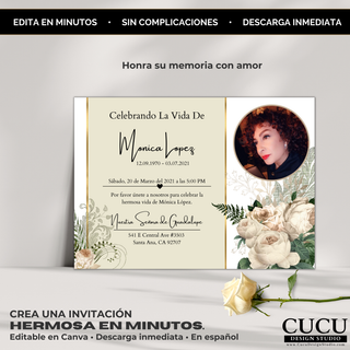 Plantilla de invitación funeral con rosas beige y diseño elegante mostrando personalización fácil en Canva en minutos / Funeral invitation template with beige roses and elegant layout showing easy Canva editing in minutes