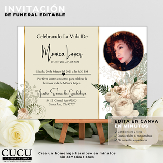 Detalles del producto incluyendo invitación funeral editable, descarga inmediata y archivo PDF con instrucciones / Product details showing editable funeral invitation, instant download and PDF instructions included