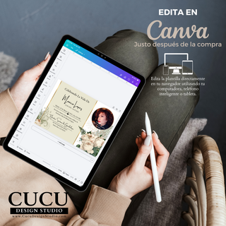 Vista de edición en Canva en tablet mostrando cómo personalizar invitación funeral fácilmente desde celular o computadora / Canva editing view on tablet showing how to customize funeral invitation easily on phone or computer