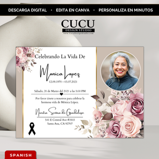 Invitación de funeral editable en Canva con flores rosas elegantes y foto, diseño en español listo para personalizar en minutos / Editable funeral invitation Canva template with pink floral design and photo layout, Spanish template instant download ready to customize easily