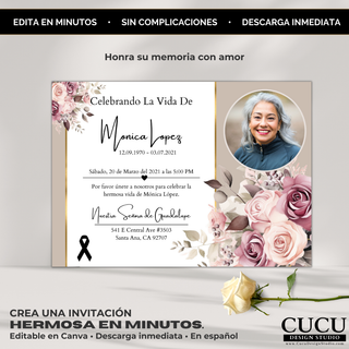 Plantilla de invitación de funeral elegante con flores rosas, honra su memoria con amor, diseño editable en Canva en español descarga inmediata / Elegant pink floral funeral invitation template to honor a loved one, editable in Canva Spanish design instant download easy to use