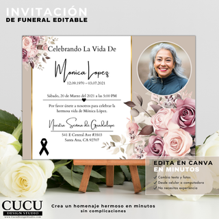 Invitación de funeral editable con foto y flores rosadas, diseño moderno en español fácil de editar en Canva sin experiencia / Editable funeral invitation with photo and pink floral accents, modern Spanish Canva template easy to customize no experience needed