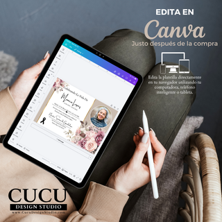 Edición de plantilla de funeral en Canva desde tablet, personaliza texto y fotos fácilmente después de comprar, acceso inmediato / Editing funeral template in Canva on tablet, easily customize text and photos after purchase instant access digital download